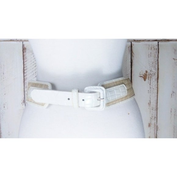 90s vintage white/tan wide straw patent leather belt/reptile embossed - Picture 3 of 3
